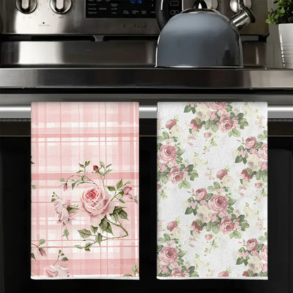 Pink Rose Plaid and All-Over Floral Kitchen Towels