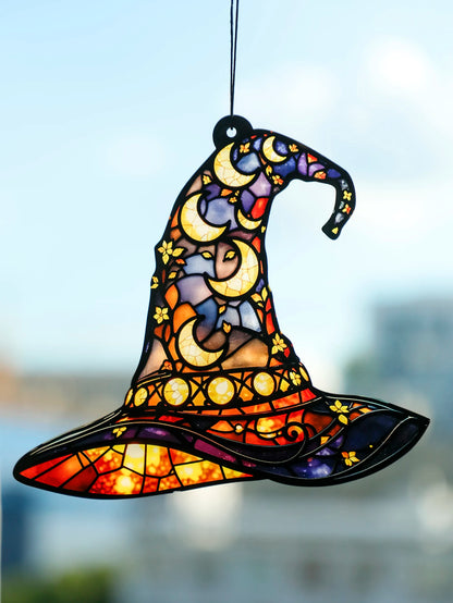 Halloween Witch Hat Window Hanging Acrylic Sun Catchers Hat Shaped with Moon & Floral Pendant Wall Decortions for Home & Garden
