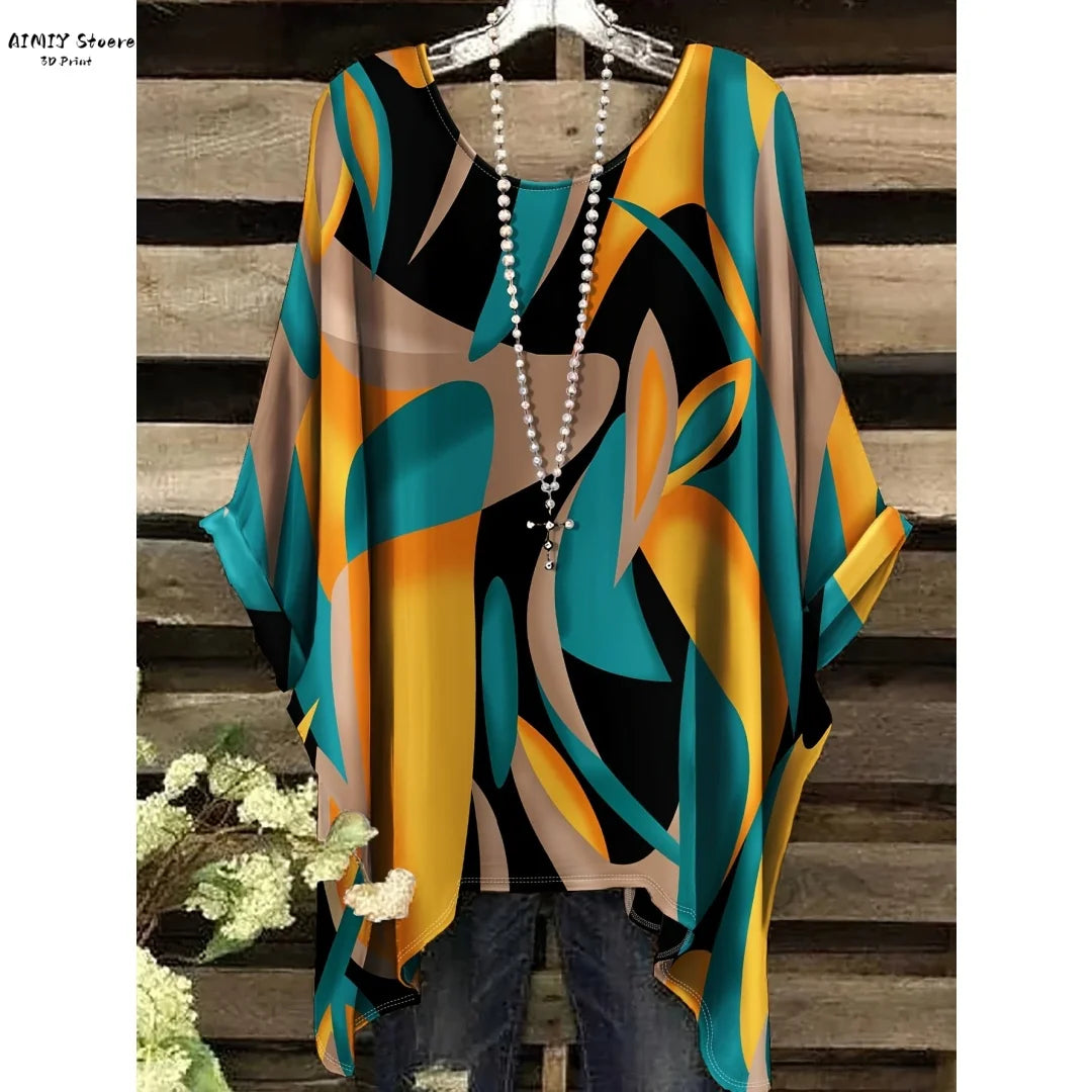 Butterfly Flower Pattern Printed Tail Hem Round Neck T-Shirt