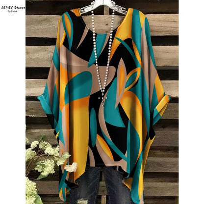 Butterfly Flower Pattern Printed Tail Hem Round Neck T-Shirt