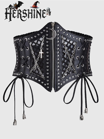 1-piece set of women's black hollow mesh cross chain cross metal accessories decorated with dark punk style waist waistband