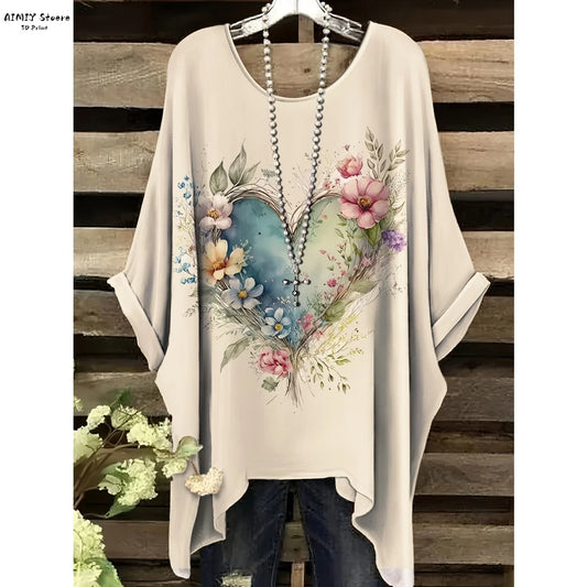 Bohemian Oversized Vintage Floral Print Irregular Hem Round Neck T-Shirt