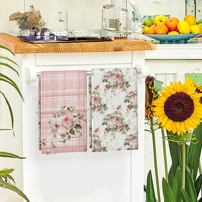 Pink Rose Plaid and All-Over Floral Kitchen Towels
