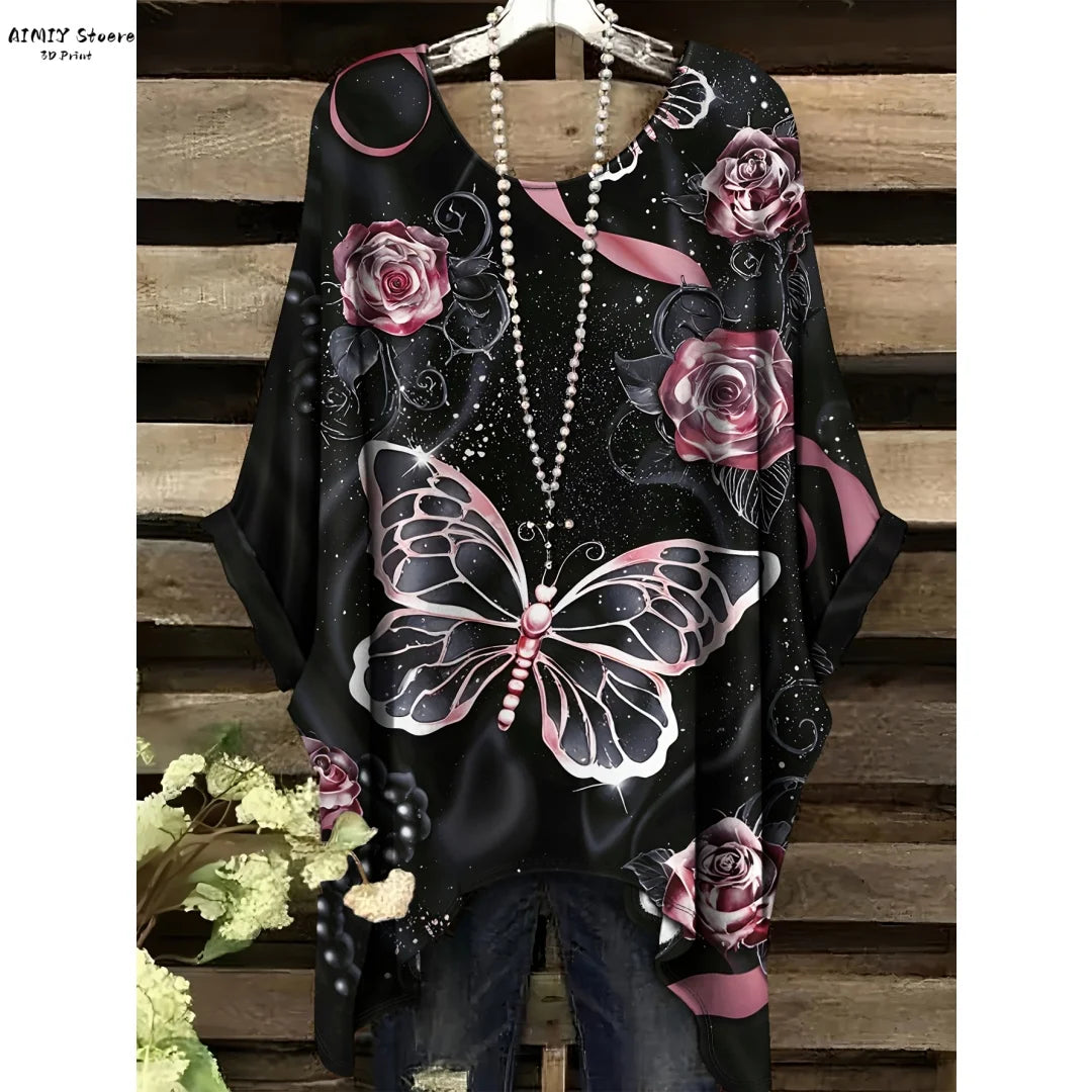 Butterfly Flower Pattern Printed Tail Hem Round Neck T-Shirt