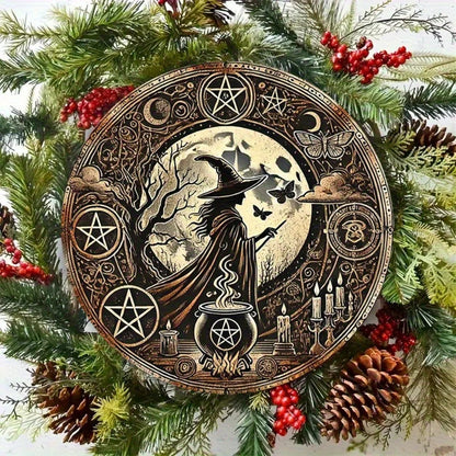 WitchCraft Retro Aluminum Wall Art - Round Witch & Cauldron Design, Halloween Hanging Decor with English Text