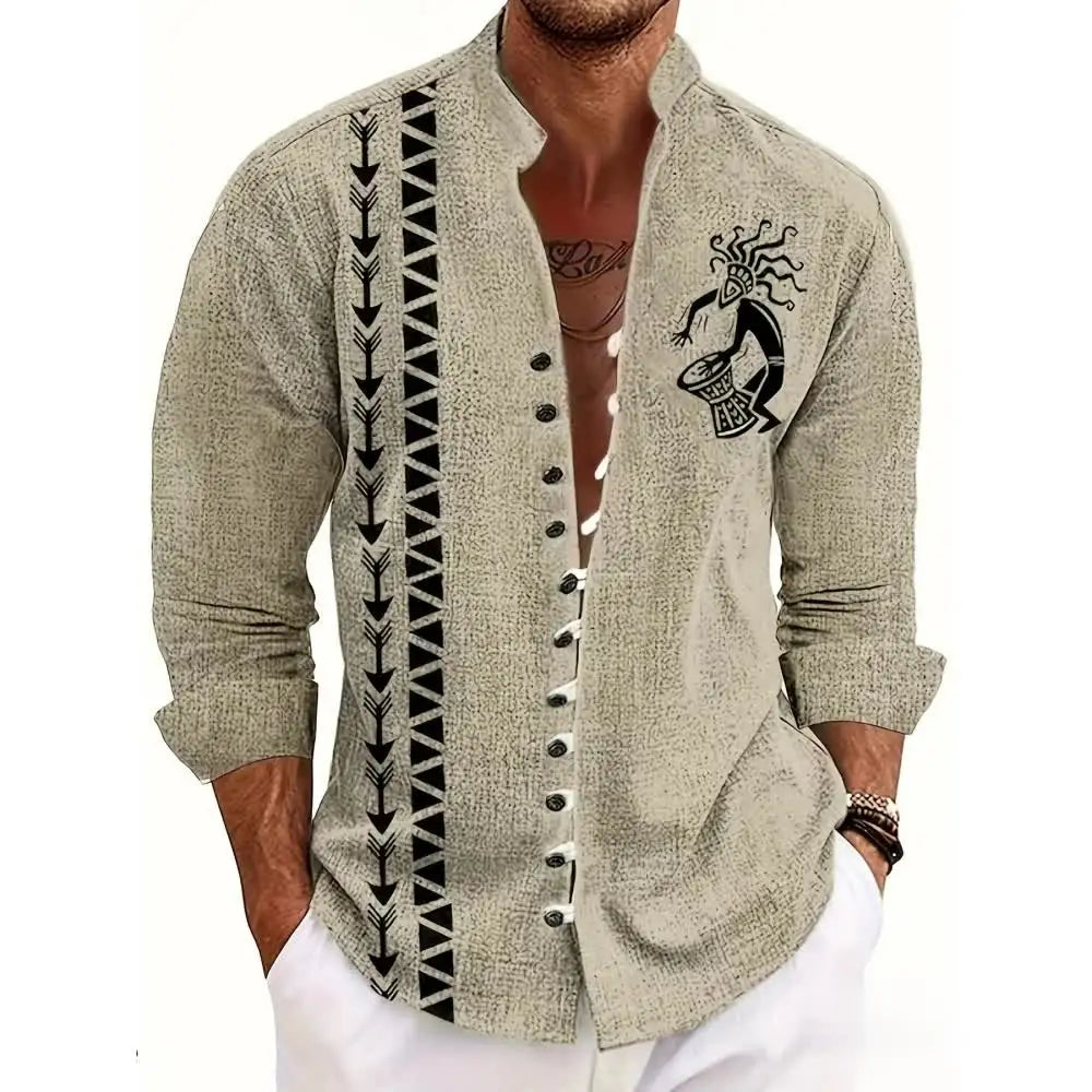 Men's Linen Short-Sleeved Shirt Ethnic Totem Print