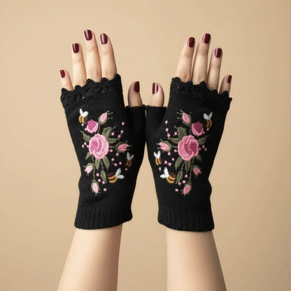 Vintage Embroidery Knitted Fingerless Gloves