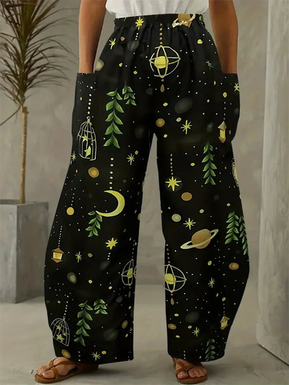 Wide-legged Pants Elegant Sun, Moon And Star Print