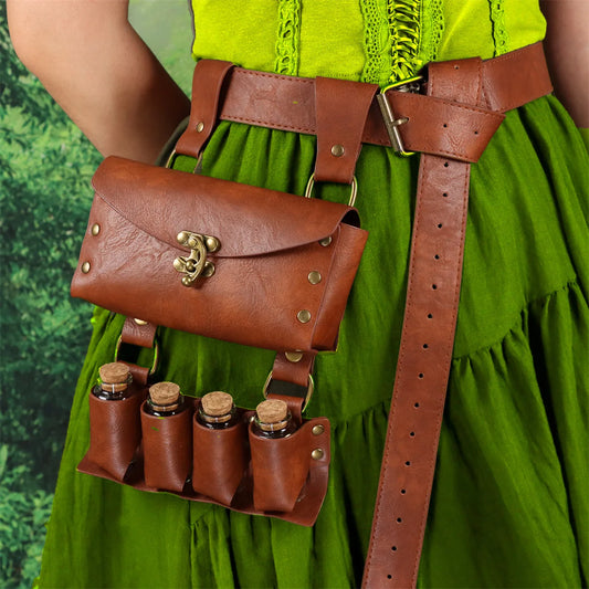 Renaissance Leather Belt Medieval Wizard Alchemy Glass Magic Bottle Cork Bottle Stopper Copper Coin Waist Bag Cosplay Belt