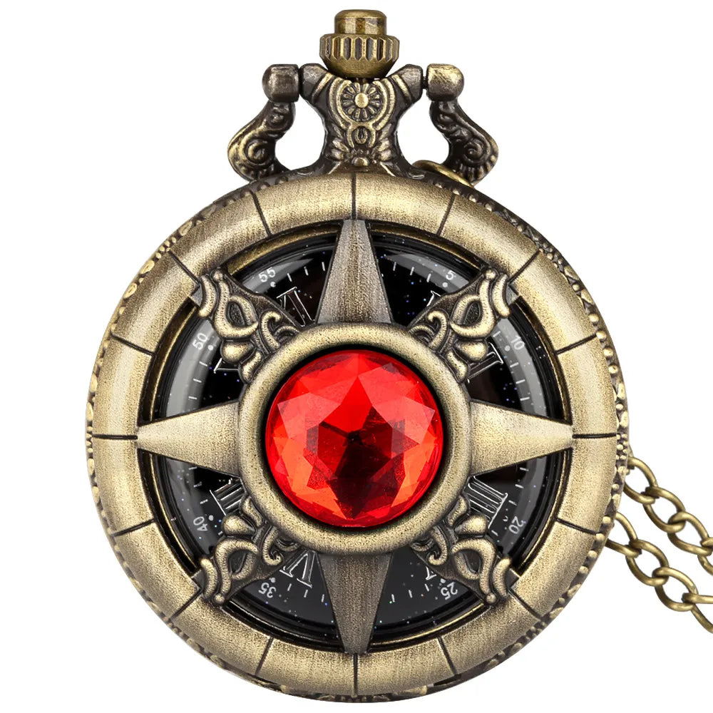 Hollow Sun Rhinestone Decorated Chic Bronze Quartz Pocket Watch Men Women Black Starry Roman Numerals Fob Chain Pendant Clock