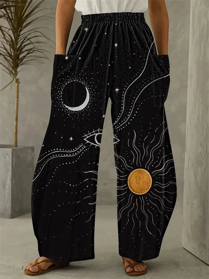 Wide-legged Pants Elegant Sun, Moon And Star Print