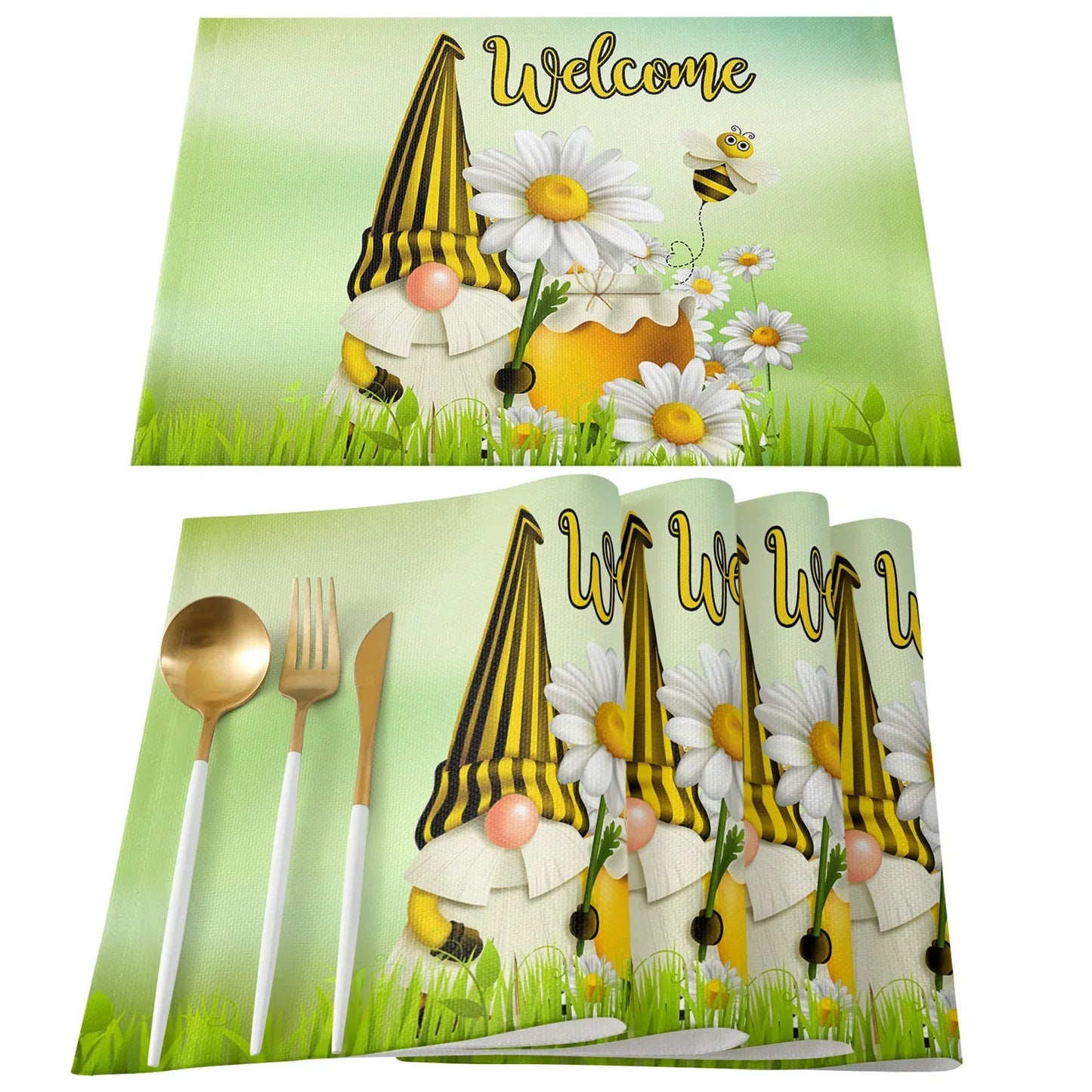 Spring Bee Daisy Gnome Table Mats Cotton