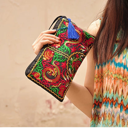 Vintage Ethnic Style Embroidered Long Wallet Wristlet Clutch Bag with Flower Fabric and Phone Pocket