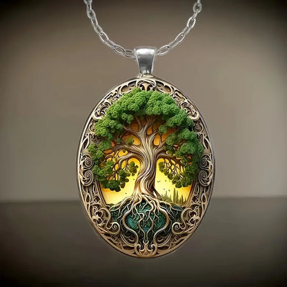 Elegant Tree of Life Elliptical Glass Alloy Pendant Necklace