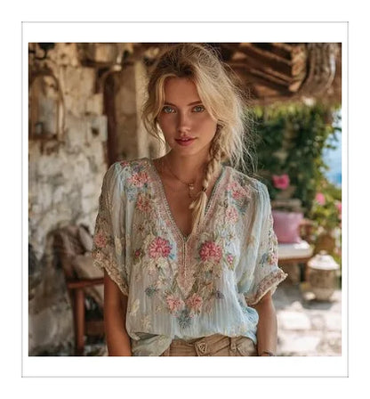 Floral Print Loose Tops Casual V-neck Short Sleeve