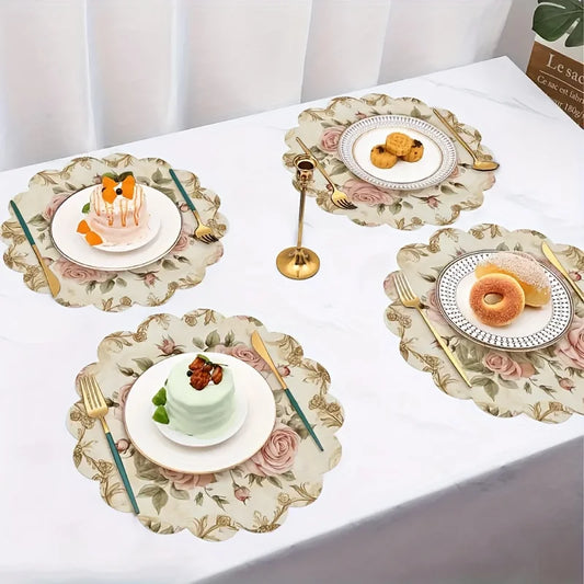 4pc Vintage Pink Rose Round Placemats Non Slip