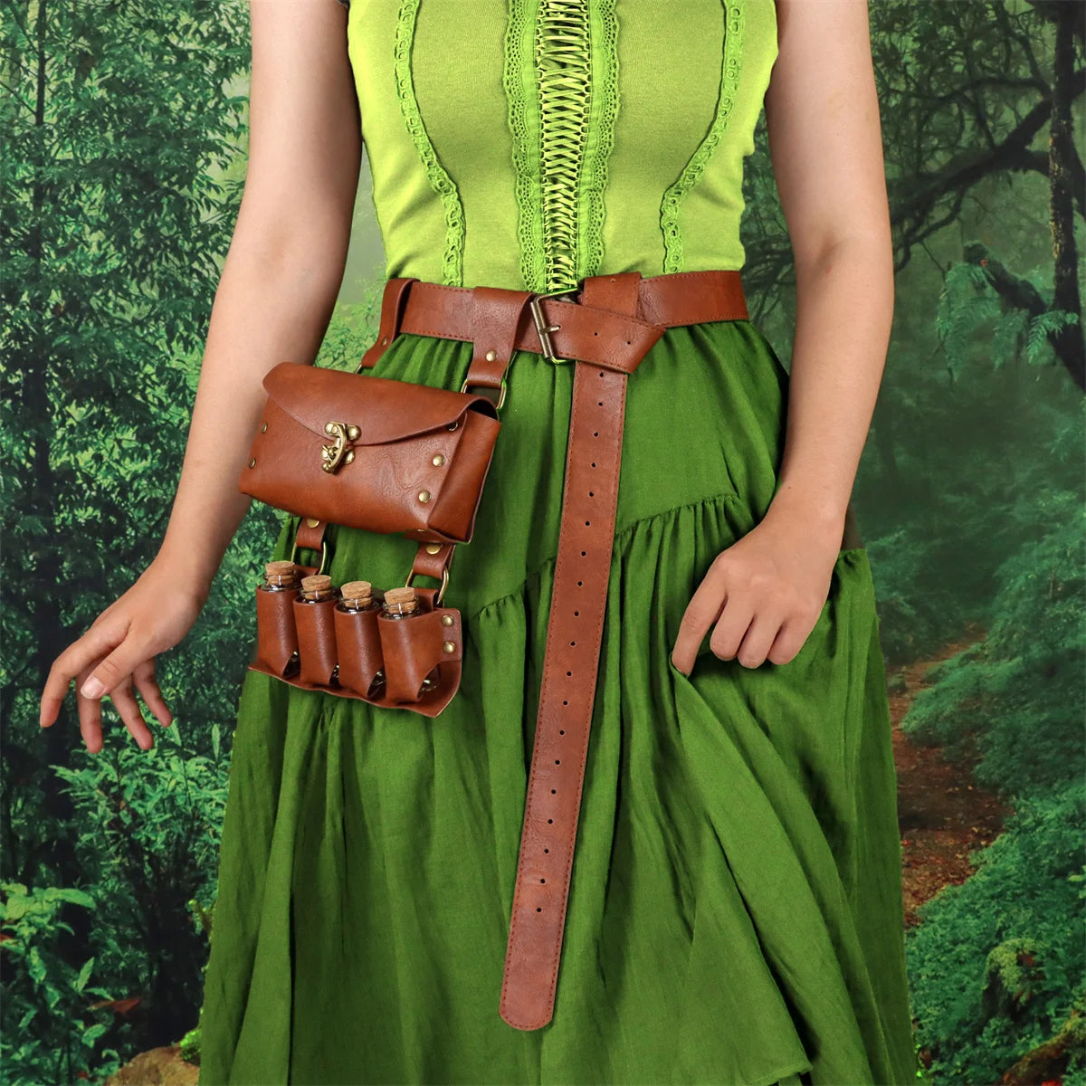 Renaissance Leather Belt Medieval Wizard Alchemy Glass Magic Bottle Cork Bottle Stopper Copper Coin Waist Bag Cosplay Belt