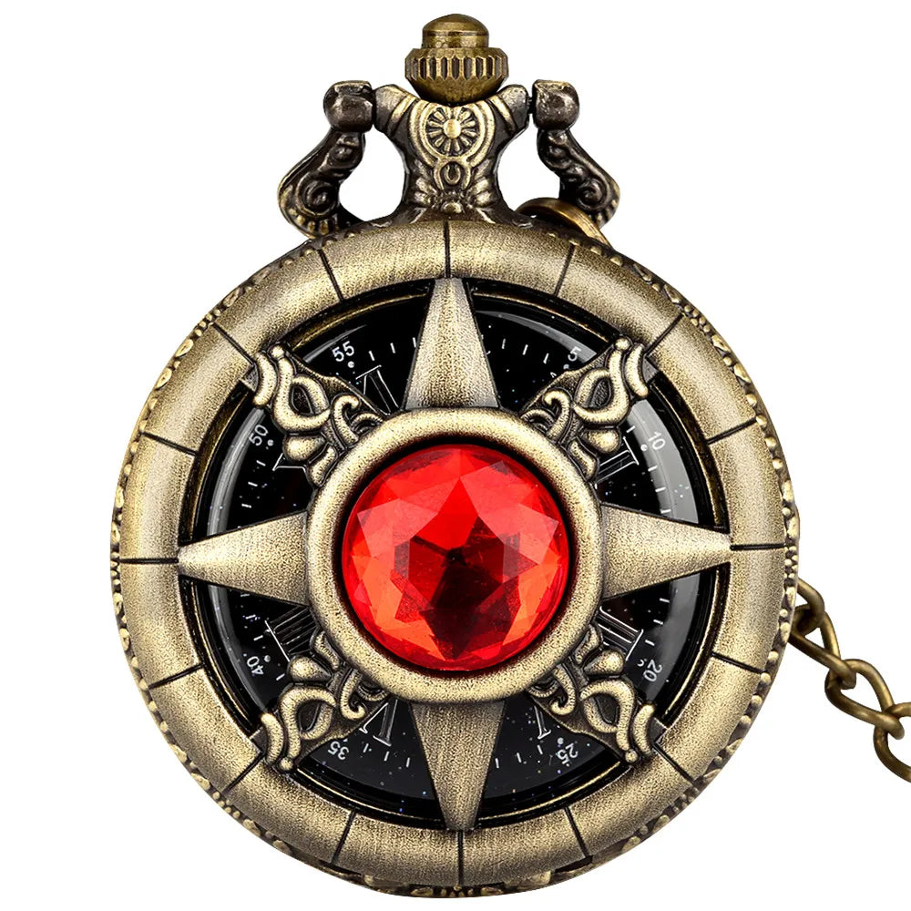 Hollow Sun Rhinestone Decorated Chic Bronze Quartz Pocket Watch Men Women Black Starry Roman Numerals Fob Chain Pendant Clock