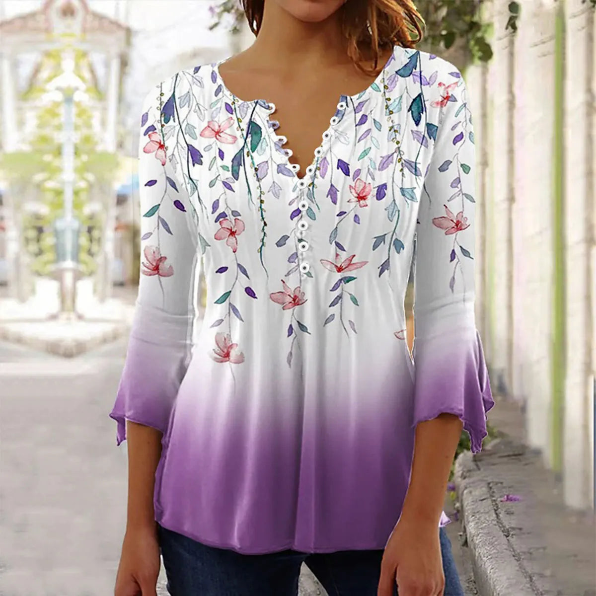 Women'S V-Neck Button-Down T-Shirt