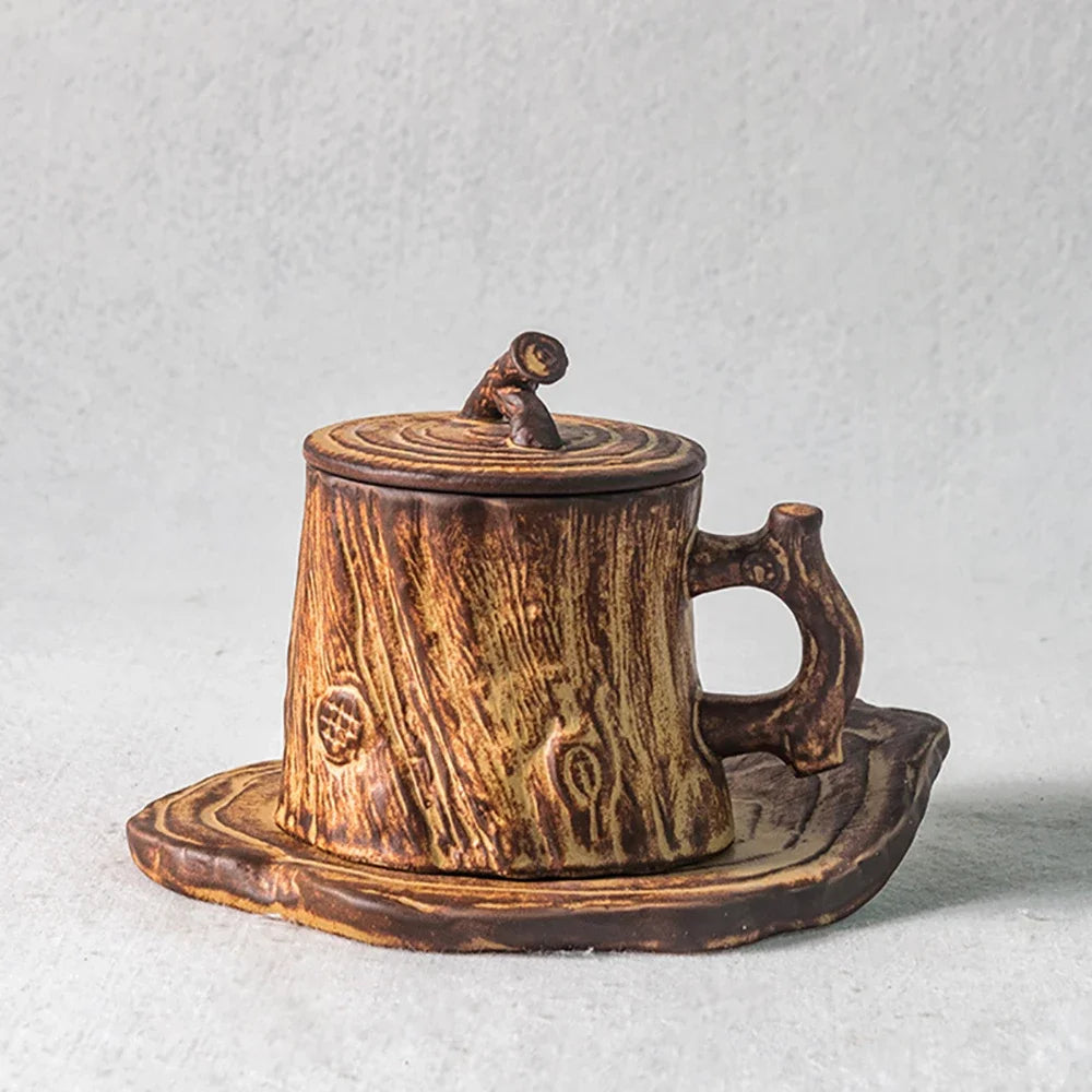 Original Wood Texture Ceramic Coffee Mug with Lid
