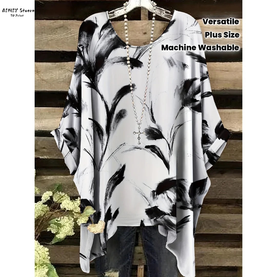 Butterfly Flower Pattern Printed Tail Hem Round Neck T-Shirt