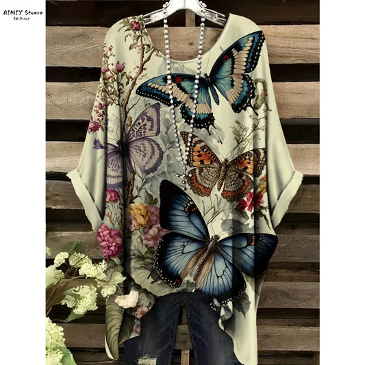 Butterfly Flower Pattern Printed Tail Hem Round Neck T-Shirt