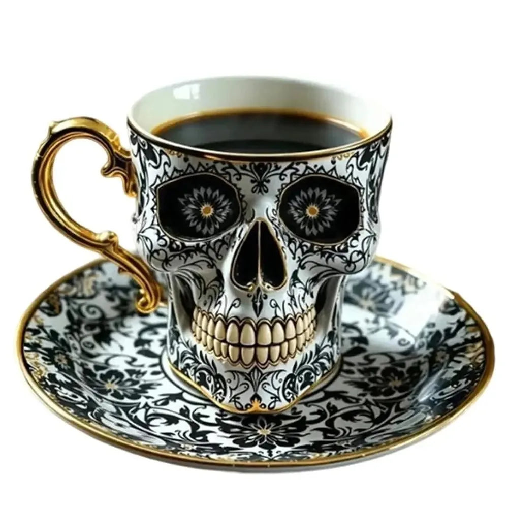 Skull Printed Resin Coffee Cups and Saucers