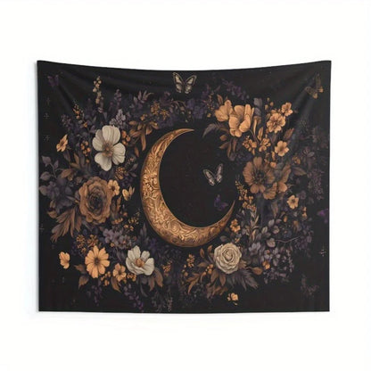 1 Crescent Moon Tapestry - Gothic Bohemian Celestial Wall Decor with Floral Crescent Moon and Butterflies for Witch Garden Decor