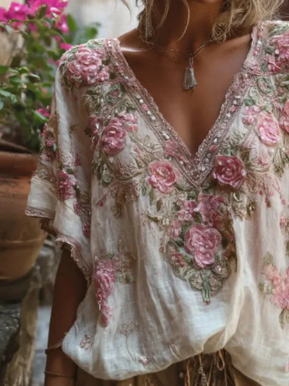 Floral Print Loose Tops Casual V-neck Short Sleeve