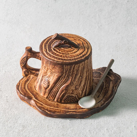 Original Wood Texture Ceramic Coffee Mug with Lid