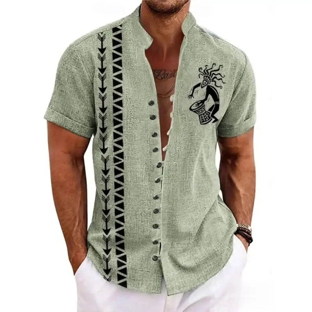 Men's Linen Short-Sleeved Shirt Ethnic Totem Print