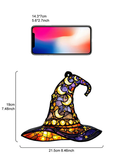 Halloween Witch Hat Window Hanging Acrylic Sun Catchers Hat Shaped with Moon & Floral Pendant Wall Decortions for Home & Garden