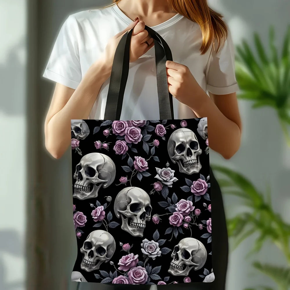Gothic Rose Floral Skull Tote Bag