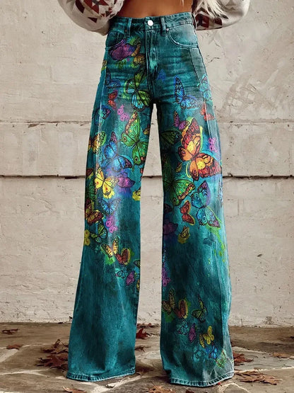 Ameican Fashion Women Pants High Waist Floral Printed