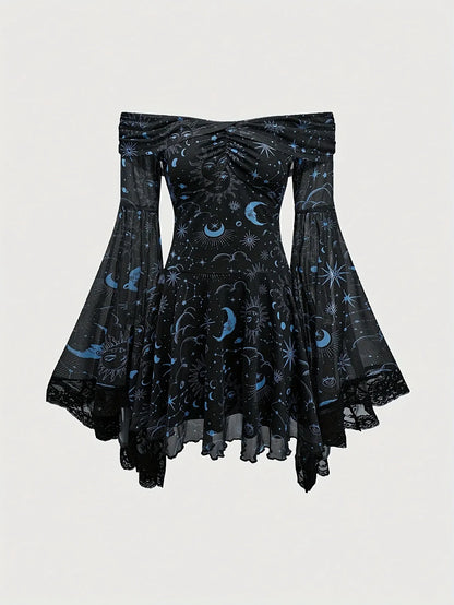 Gothic Style Vintage  Star Moon Long Sleeve A- Line Dress