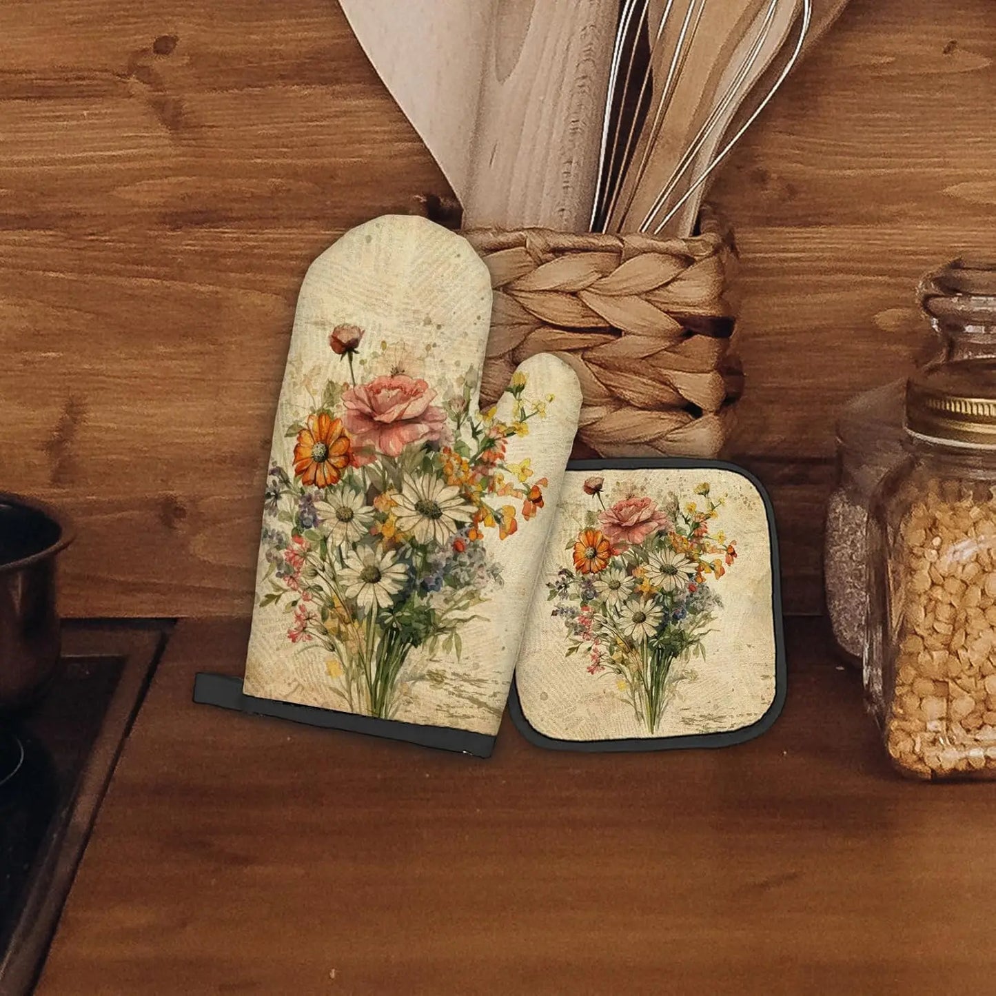 Vintage Floral Flowers Oven Mitts and Pot Holders Set