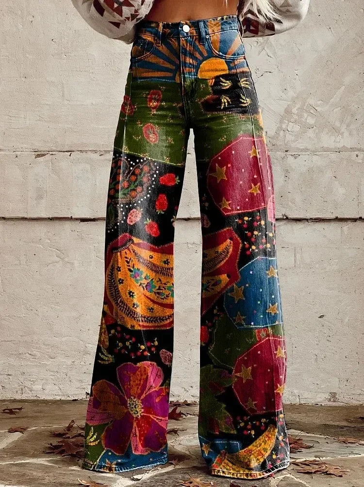 Ameican Fashion Women Pants High Waist Floral Printed