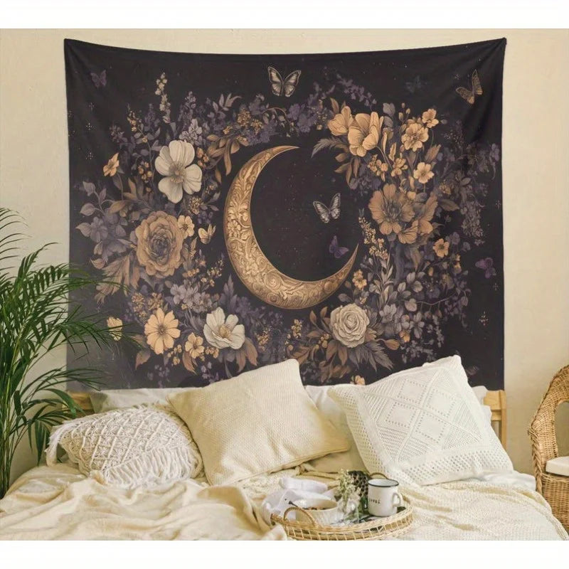 1 Crescent Moon Tapestry - Gothic Bohemian Celestial Wall Decor with Floral Crescent Moon and Butterflies for Witch Garden Decor