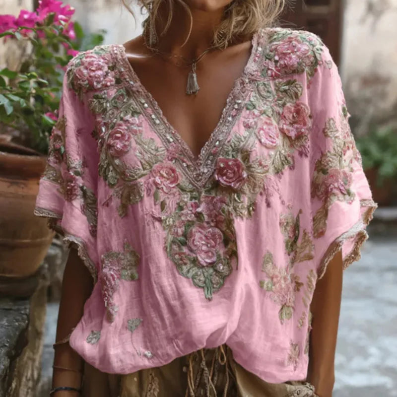Floral Print Loose Tops Casual V-neck Short Sleeve