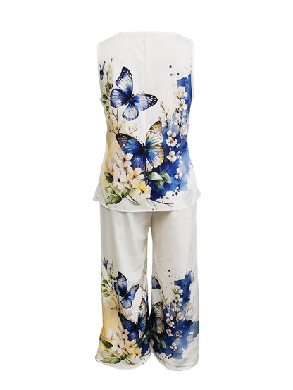 Simple Sleeveless Printed Vest Long Pants Set