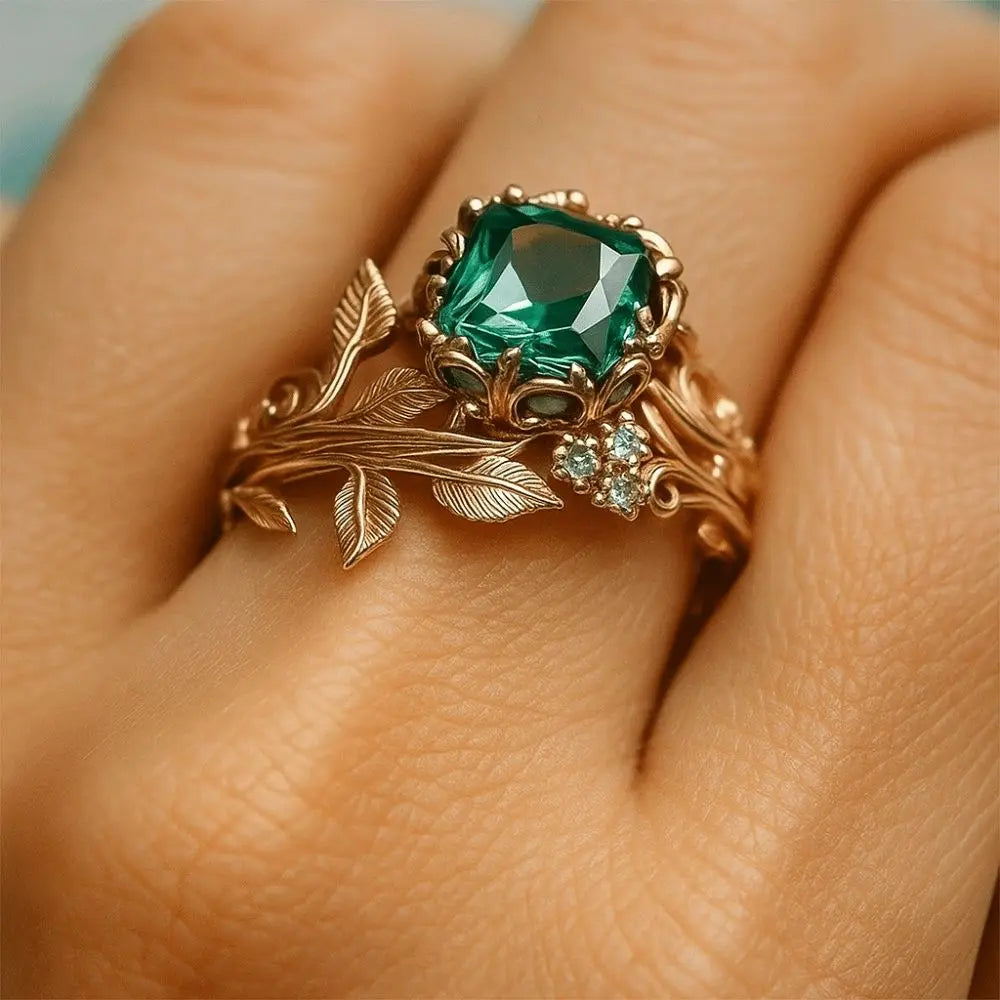 Inlaid Design Leaf Flower Ring