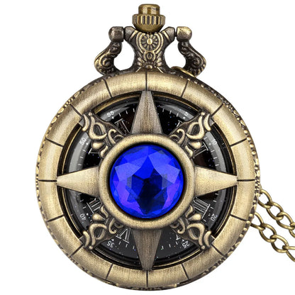 Hollow Sun Rhinestone Decorated Chic Bronze Quartz Pocket Watch Men Women Black Starry Roman Numerals Fob Chain Pendant Clock