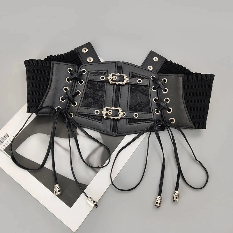Ladies's Retro corset Belts Pin Buckle Elastic Lace & Gothic Style Cummerbunds tie rope Goth Punk For Women On Shirt Dress  Belt