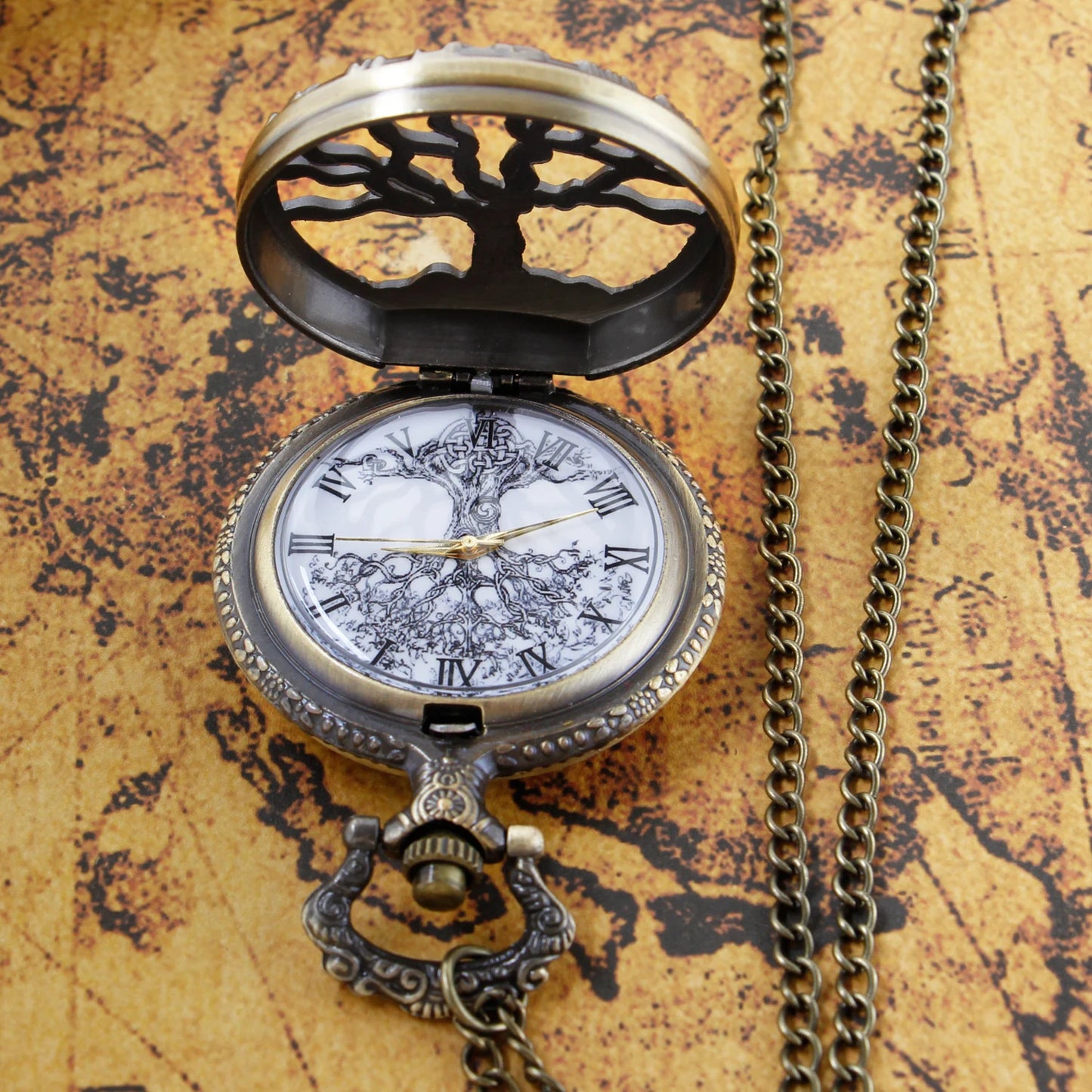 Bronze Hollow Tree of Life Quartz Pocket Watch