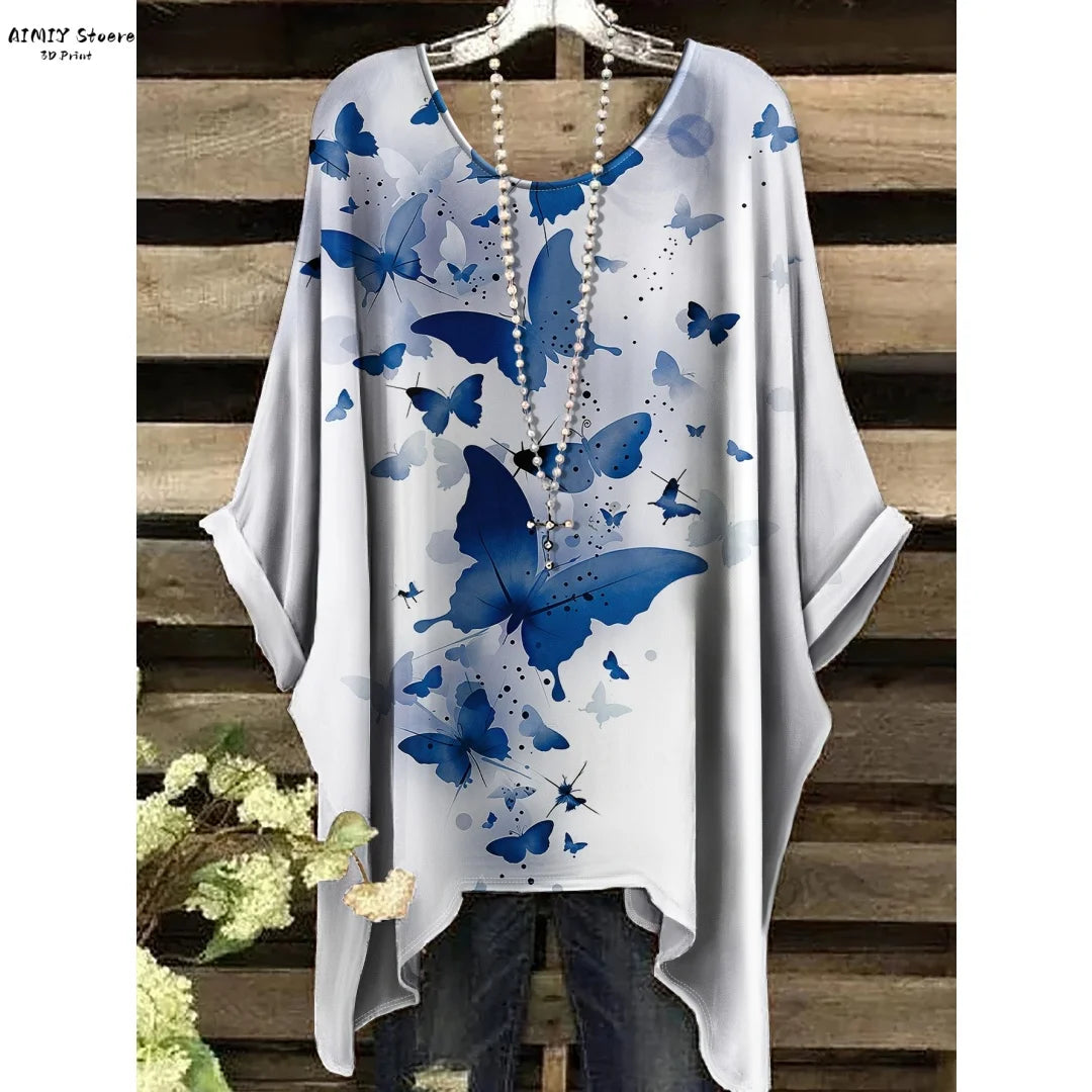 Butterfly Flower Pattern Printed Tail Hem Round Neck T-Shirt