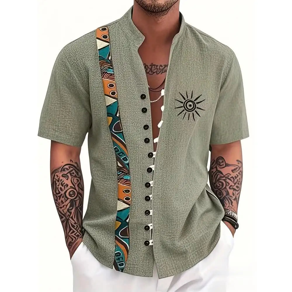 Men's Linen Short-Sleeved Shirt Ethnic Totem Print
