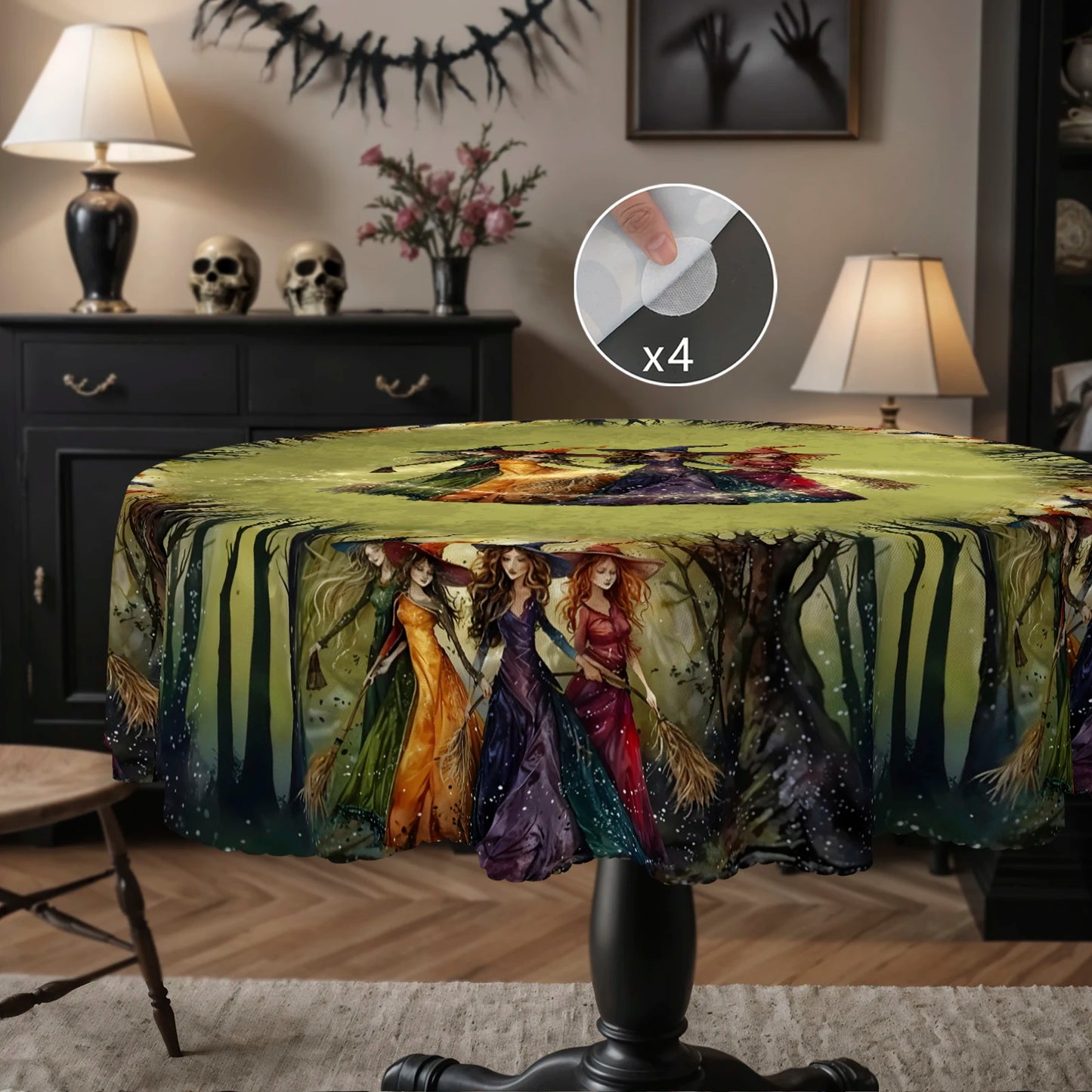 Retro Magic Broom Witch Pattern Tablecloth