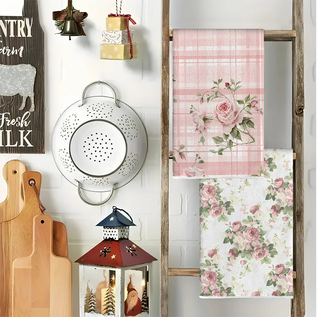 Pink Rose Plaid and All-Over Floral Kitchen Towels