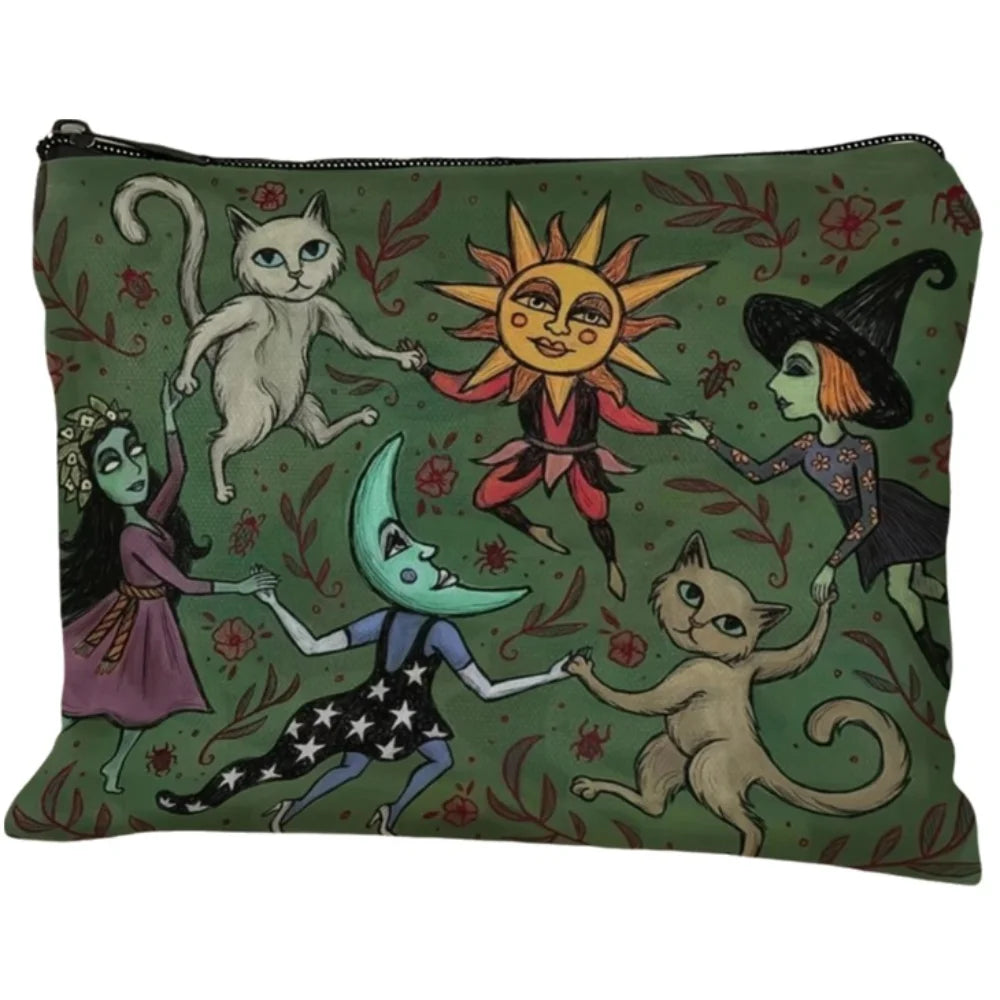 Forest Night Makeup Bag Whimsical Witch Cat and Moon Design