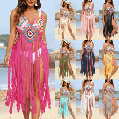 Hand Hooked  Long Tassel Beach Cover up
